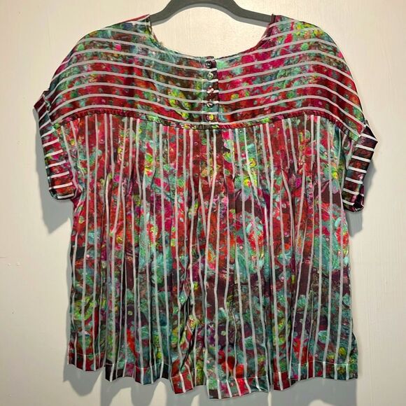 Soft Surroundings- Floral & Stripes Mixed Media Colorful Pleated Blouse- Size M - Picture 2 of 7